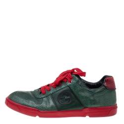 Pre Owned Gucci Green/Red Python And Leather GG Low Top Sneakers Size 44.5