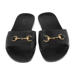 Pre Owned  Gucci Black Leather Horesebit Accent Flat Slippers Size 43