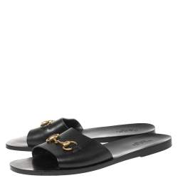 Pre Owned  Gucci Black Leather Horesebit Accent Flat Slippers Size 43