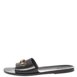 Pre Owned  Gucci Black Leather Horesebit Accent Flat Slippers Size 43