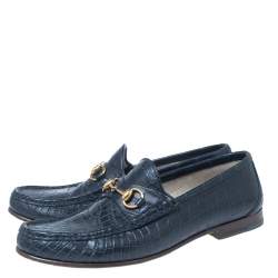 مملوكة مسبقًا Gucci Navy Blue Croc Leather Horsebit Loafers Size 43.5