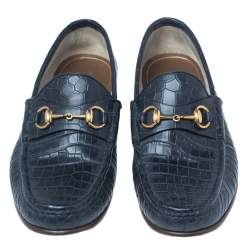 مملوكة مسبقًا Gucci Navy Blue Croc Leather Horsebit Loafers Size 43.5