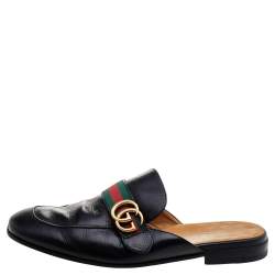 Pre Owned Gucci Black Leather GG Web Princetown Slide Mules Size 43