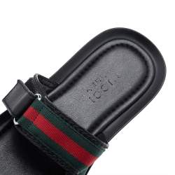 Pre Owned Gucci Black Leather And Web Tape Detail Slide Flat Sandals Size 42