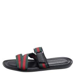 Pre Owned Gucci Black Leather And Web Tape Detail Slide Flat Sandals Size 42