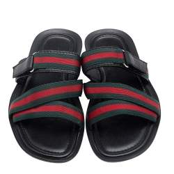 Pre Owned Gucci Black Leather And Web Tape Detail Slide Flat Sandals Size 42