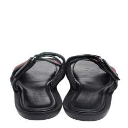 Pre Owned Gucci Black Leather And Web Tape Detail Slide Flat Sandals Size 42