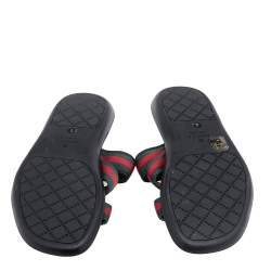 Pre Owned Gucci Black Leather And Web Tape Detail Slide Flat Sandals Size 42