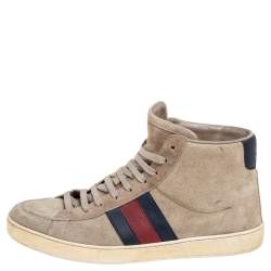 Pre Owned Gucci Grey Suede Web Detail High Top Sneakers Size 41.5