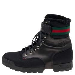 Gucci Black Knit Fabric And Leather Web Detail Ankle Length Boots Size 41