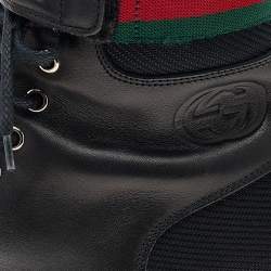 Gucci Black Knit Fabric And Leather Web Detail Ankle Length Boots Size 41