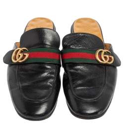 Pre Owned Gucci Black Leather Princetown GG Web Flat Mules Size 43