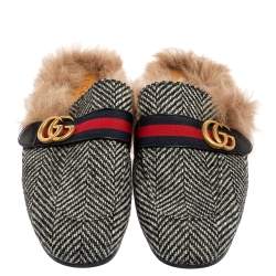 Pre Owned Gucci Black/White Wool Herringbone Fur Web GG Princetown Flat Mules Size 42.5