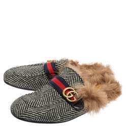 Pre Owned Gucci Black/White Wool Herringbone Fur Web GG Princetown Flat Mules Size 42.5