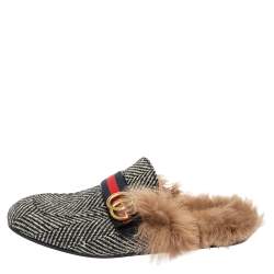 Pre Owned Gucci Black/White Wool Herringbone Fur Web GG Princetown Flat Mules Size 42.5