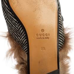 Pre Owned Gucci Black/White Wool Herringbone Fur Web GG Princetown Flat Mules Size 42.5
