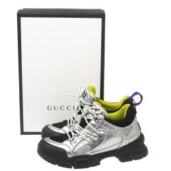 Gucci Silver/Black Leather and Mesh Flashtrek Sneakers Size 40.5