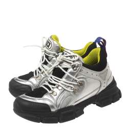 Gucci Silver/Black Leather and Mesh Flashtrek Sneakers Size 40.5