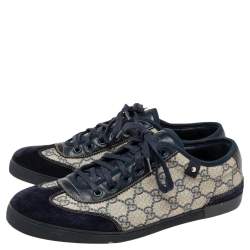 Gucci Navy Blue/Beige GG Supreme Canvas and Suede Low-Top Sneakers Size 42