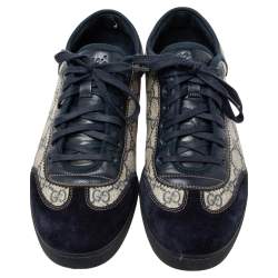Gucci Navy Blue/Beige GG Supreme Canvas and Suede Low-Top Sneakers Size 42