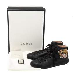 Gucci Black Leather Tiger Patch High Top Sneakers Size 42