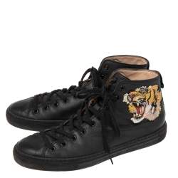 Gucci Black Leather Tiger Patch High Top Sneakers Size 42