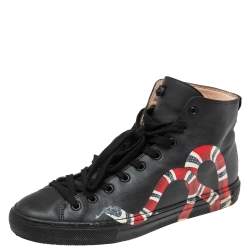 Gucci Black Leather Kingsnake High Top Sneakers Size 39