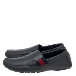 Gucci Dark Grey Leather Web Detail Slip On Loafers Size 41.5