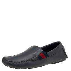 Gucci Dark Grey Leather Web Detail Slip On Loafers Size 41.5