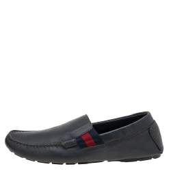 Gucci Dark Grey Leather Web Detail Slip On Loafers Size 41.5