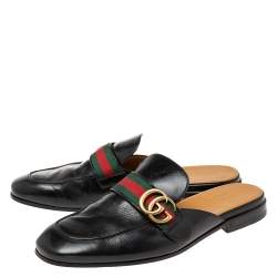 Gucci Black Leather GG Web Princetown Slide Mules Size 41