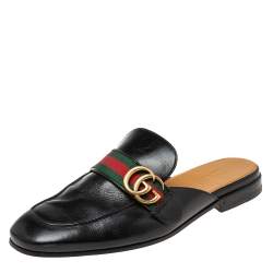 Gucci Black Leather GG Web Princetown Slide Mules Size 41