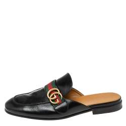 Gucci Black Leather GG Web Princetown Slide Mules Size 41