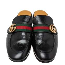 Gucci Black Leather GG Web Princetown Slide Mules Size 41