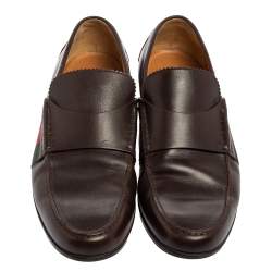 Gucci Brown Leather Web  Slip On Loafers Size 41.5