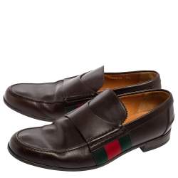 Gucci Brown Leather Web  Slip On Loafers Size 41.5