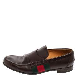 Gucci Brown Leather Web  Slip On Loafers Size 41.5