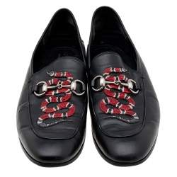 Pre Owned Gucci Black Leather Brixton Horsebit Snake Embroidered Loafers Size 42