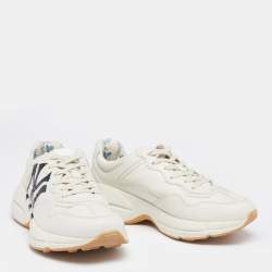 مملوكة مسبقًا Gucci Off White Leather Rhyton NY Yankees Low Top Sneakers Size 41