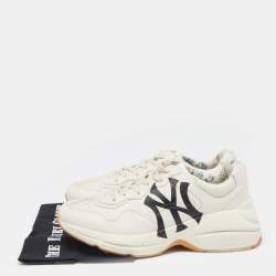 مملوكة مسبقًا Gucci Off White Leather Rhyton NY Yankees Low Top Sneakers Size 41