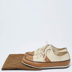 Pre Owned Gucci Cream/Brown Leather And Canvas Lace Up  Sneakers Size 42