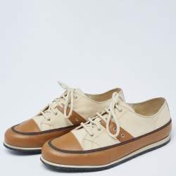 Pre Owned Gucci Cream/Brown Leather And Canvas Lace Up  Sneakers Size 42