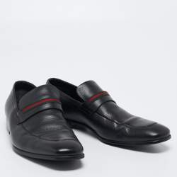 Pre Owned Gucci Black Leather Web Slip On Loafers Size 41.5