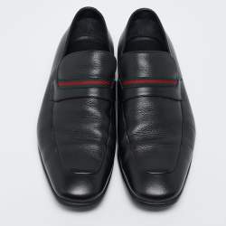 Pre Owned Gucci Black Leather Web Slip On Loafers Size 41.5