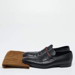 Pre Owned Gucci Black Leather Web Slip On Loafers Size 41.5