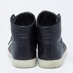 مملوكة مسبقًا Gucci Black Guccissima Leather Web Detail High-Top Sneakers  Size 41.5 