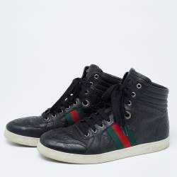 مملوكة مسبقًا Gucci Black Guccissima Leather Web Detail High-Top Sneakers  Size 41.5 