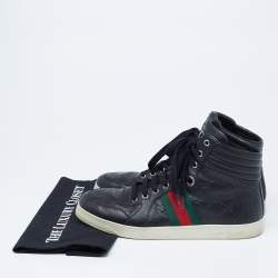 مملوكة مسبقًا Gucci Black Guccissima Leather Web Detail High-Top Sneakers  Size 41.5 