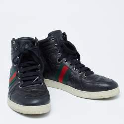مملوكة مسبقًا Gucci Black Guccissima Leather Web Detail High-Top Sneakers  Size 41.5 