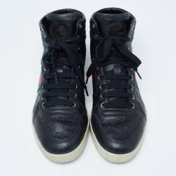 مملوكة مسبقًا Gucci Black Guccissima Leather Web Detail High-Top Sneakers  Size 41.5 